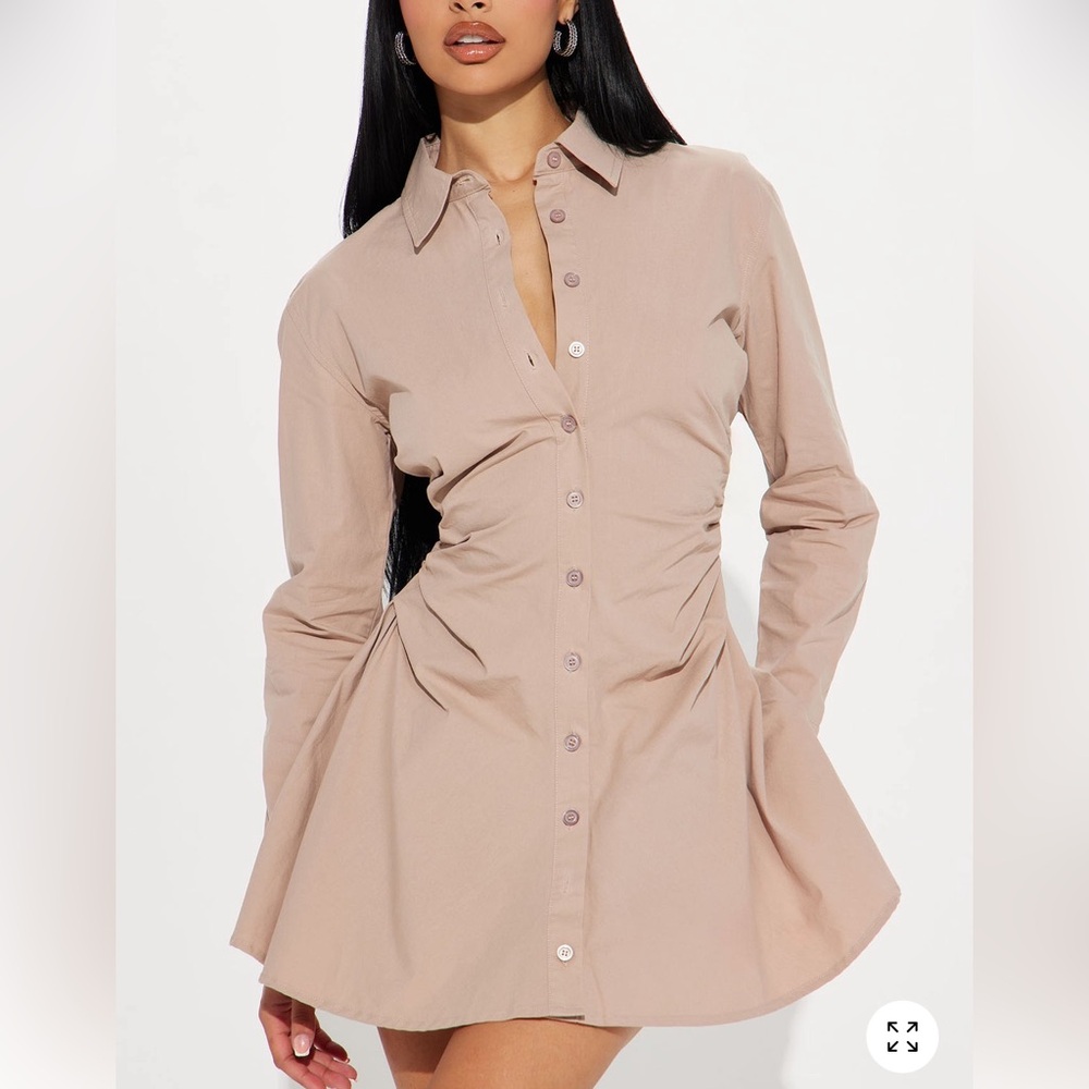 Tan Ruched side cinched waist button front 100% cotton poplin mini shirt dress